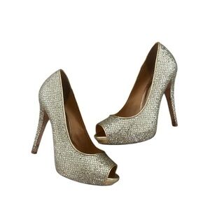 Badgley Mischka Humbie II Gold Glitter Platform Peeptoe Pumps